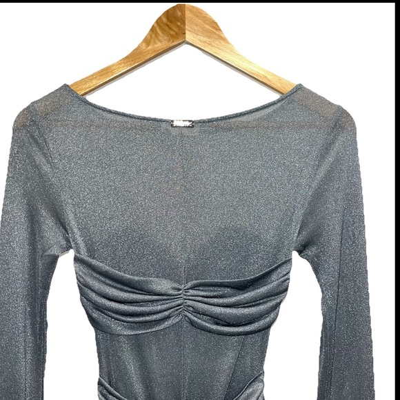 PHEME Silver Mesh Maxi Dress XS Stretch Ruched Long Sleeve Evening Sparkle Gown - Picture 8 of 13